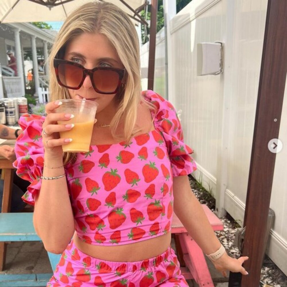 Megan Crosby Strawberry pink puff sleeve summer blouse top xs lisa says gah